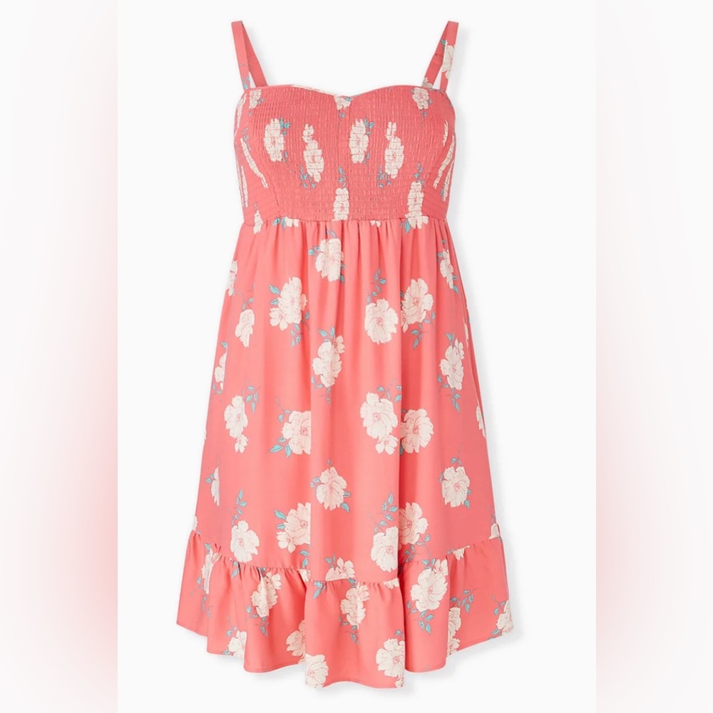 Torrid Coral Floral Challis Smocked Shirred Hem Skater Dress